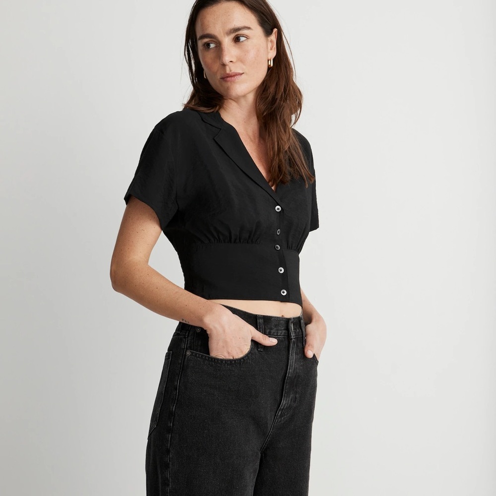 Drapey Banded-Bottom Button-Down Top